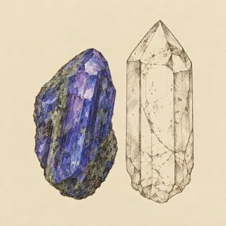 Hand-illustrated Tanzanite paired with Clear Quartz, a common crystal combination