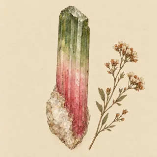 Hand-illustrated raw, unpolished Tourmaline specimen with natural matrix and a small dried botanical sprig, on parchment
