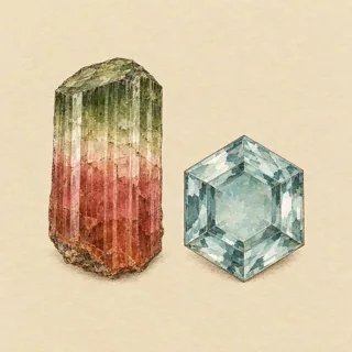 Hand-illustrated Tourmaline paired with Aquamarine, a common crystal combination