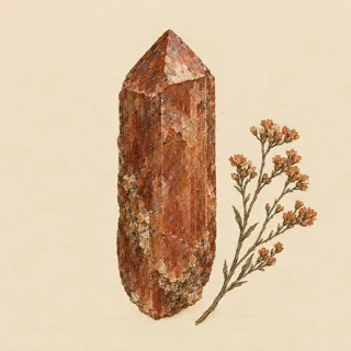 Hand-illustrated raw, unpolished Zircon specimen with natural matrix and a small dried botanical sprig, on parchment