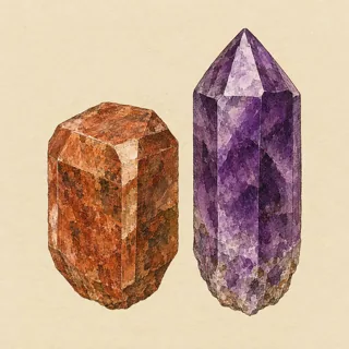 Hand-illustrated Zircon paired with Amethyst, a common crystal combination