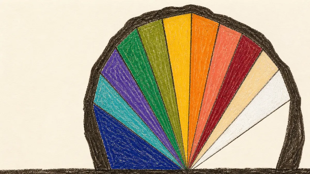 A single crystal cut open, its interior fanning into twelve coloured bands, one for each birthstone, drawn in crayon as a folk illustration