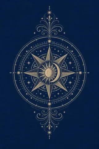 Back of the tarot deck: cream star and moon medallion on deep blue