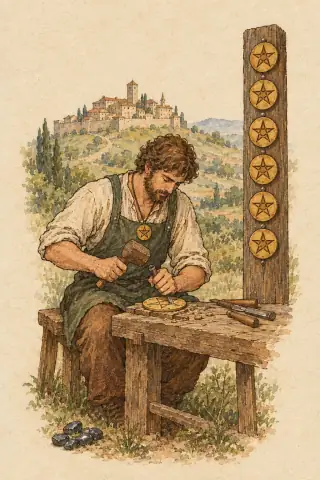 Eight of Pentacles tarot card, hand-illustrated