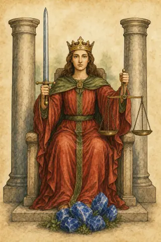 Justice tarot card, hand-illustrated in the Rider-Waite tradition