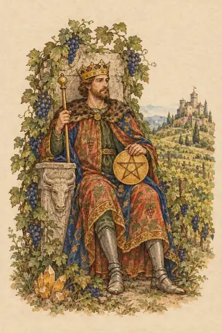 King of Pentacles tarot card, hand-illustrated