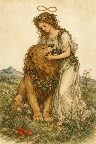 Strength tarot card, hand-illustrated in the Rider-Waite tradition