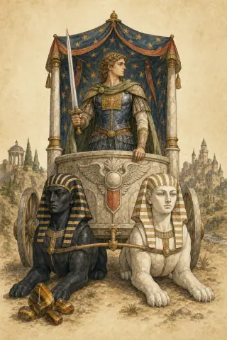 The Chariot tarot card, hand-illustrated in the Rider-Waite tradition