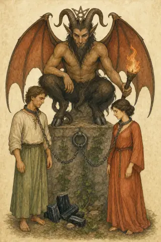 The Devil tarot card, hand-illustrated in the Rider-Waite tradition