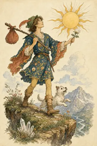 The Fool tarot card, hand-illustrated