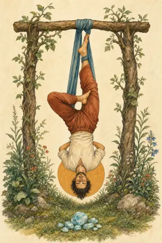 The Hanged Man tarot card, hand-illustrated in the Rider-Waite tradition