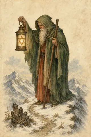 The Hermit tarot card, hand-illustrated in the Rider-Waite tradition