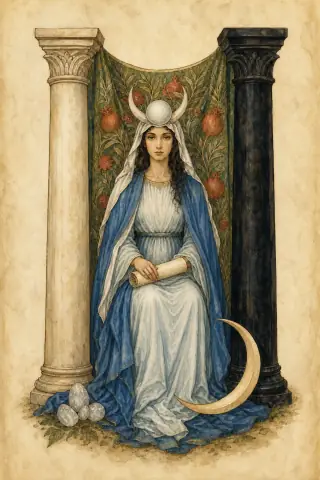 The High Priestess tarot card, hand-illustrated in the Rider-Waite tradition