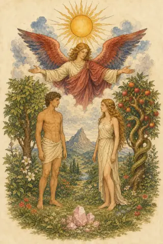 The Lovers tarot card, hand-illustrated in the Rider-Waite tradition