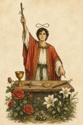 The Magician tarot card, hand-illustrated in the Rider-Waite tradition
