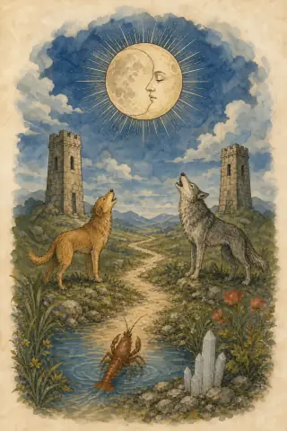 The Moon tarot card, hand-illustrated