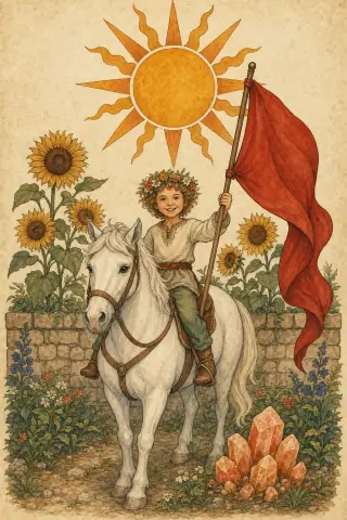 The Sun tarot card, hand-illustrated