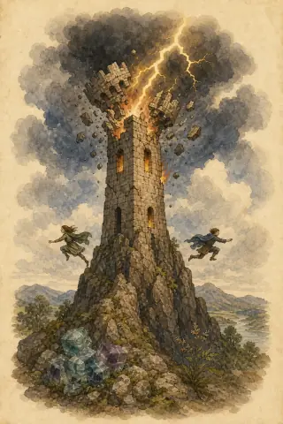 The Tower tarot card, hand-illustrated in the Rider-Waite tradition